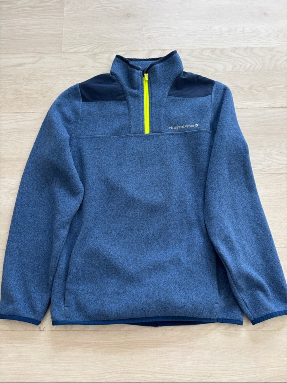 Vineyard Vines Blue Fleece Pullover with Neon Yellow Zip